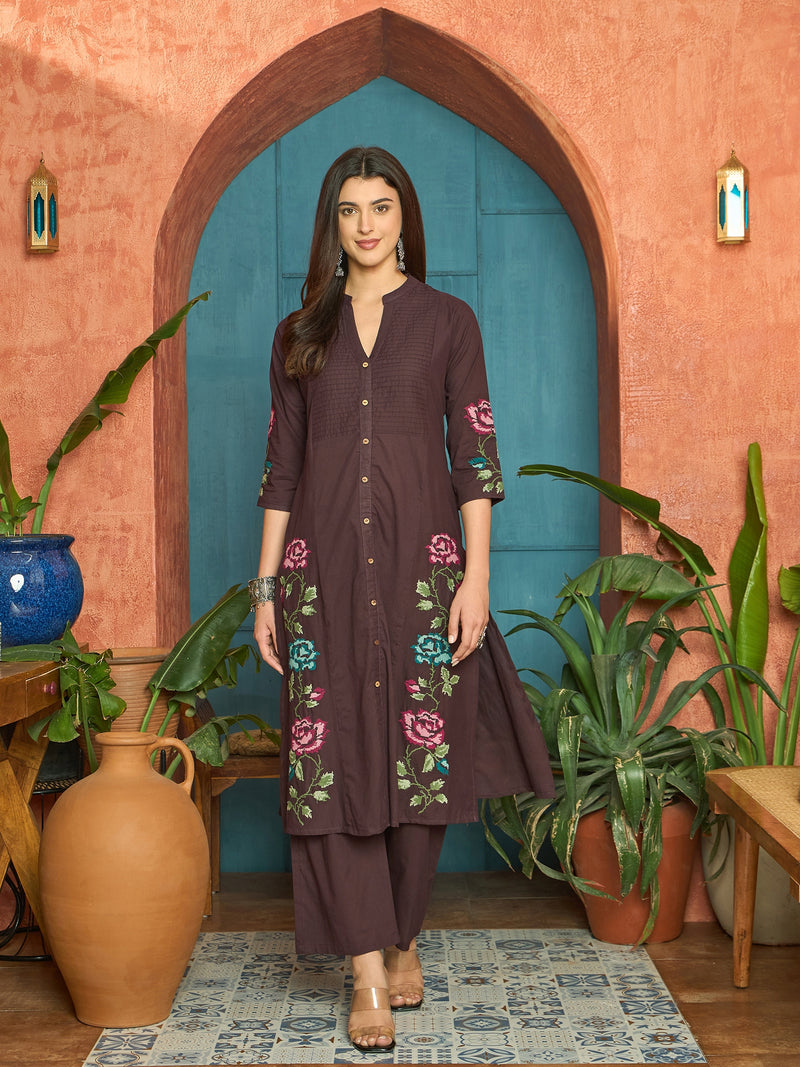 Stylum Women's Wine Solid & Embroidered Cotton A-Line Kurta Pant Set (KPWINEKEVIN)