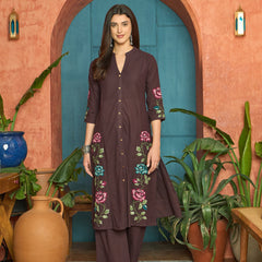 Stylum Women's Wine Solid & Embroidered Cotton A-Line Kurta Pant Set (KPWINEKEVIN)