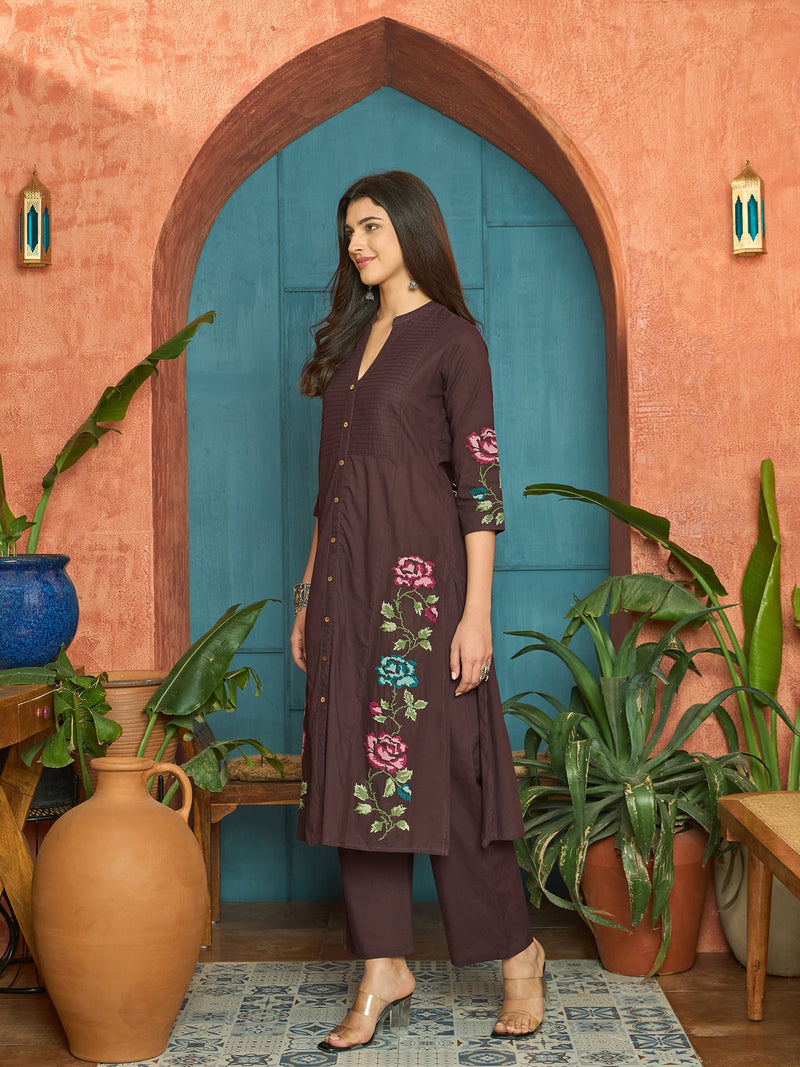 Stylum Women's Wine Solid & Embroidered Cotton A-Line Kurta Pant Set (KPWINEKEVIN)