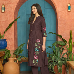 Stylum Women's Wine Solid & Embroidered Cotton A-Line Kurta Pant Set (KPWINEKEVIN)