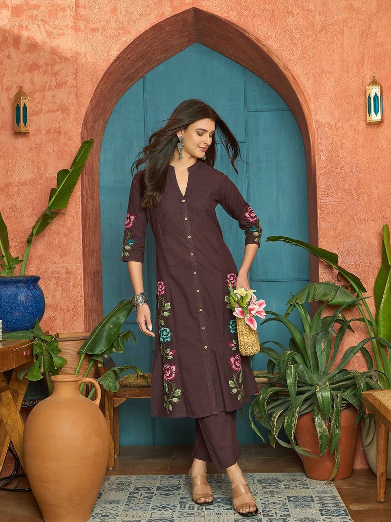 Stylum Women's Wine Solid & Embroidered Cotton A-Line Kurta Pant Set (KPWINEKEVIN)