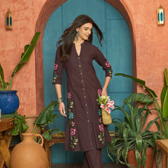 Stylum Women's Wine Solid & Embroidered Cotton A-Line Kurta Pant Set (KPWINEKEVIN)