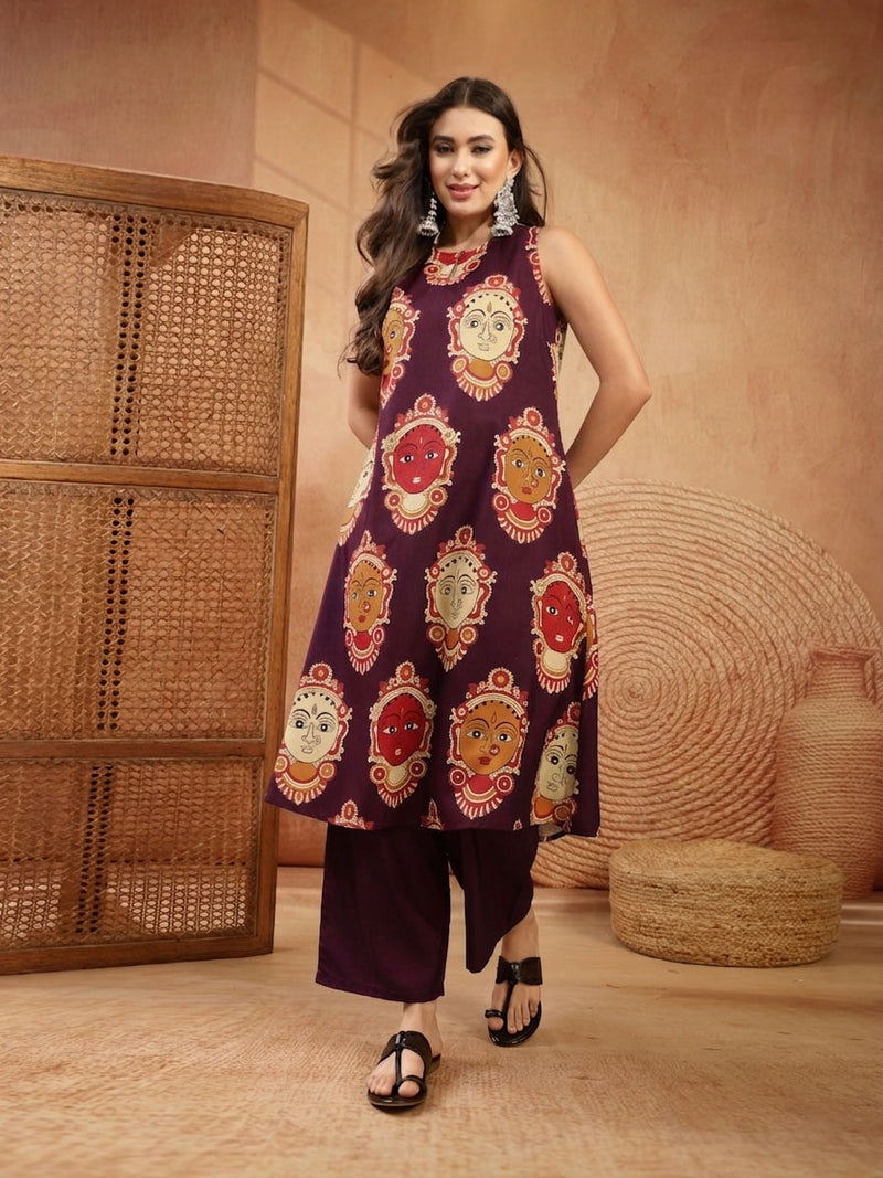 Stylum Women's Wine Kalamkari Face Printed Rayon A-Line Kurta Palazzo Set (KPWINERANCHI)