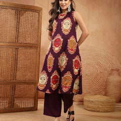 Stylum Women's Wine Kalamkari Face Printed Rayon A-Line Kurta Palazzo Set (KPWINERANCHI)