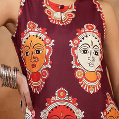 Stylum Women's Wine Kalamkari Face Printed Rayon A-Line Kurta Palazzo Set (KPWINERANCHI)