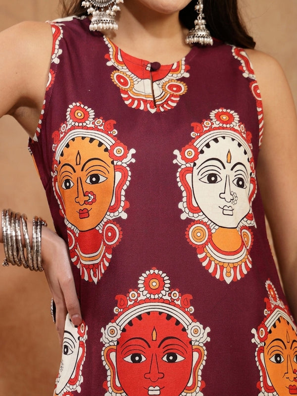 Stylum Women's Wine Kalamkari Face Printed Rayon A-Line Kurta Palazzo Set (KPWINERANCHI)