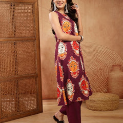 Stylum Women's Wine Kalamkari Face Printed Rayon A-Line Kurta Palazzo Set (KPWINERANCHI)