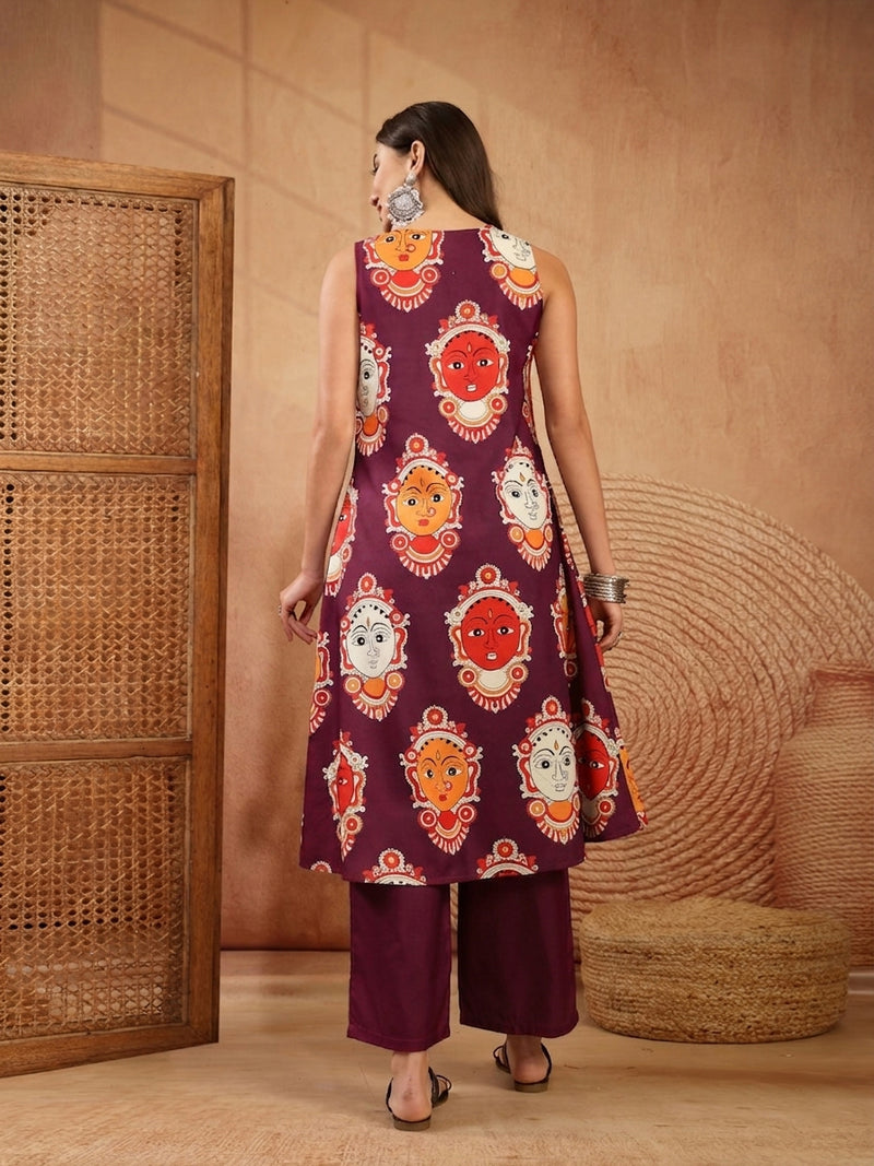 Stylum Women's Wine Kalamkari Face Printed Rayon A-Line Kurta Palazzo Set (KPWINERANCHI)