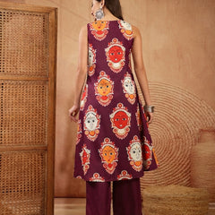Stylum Women's Wine Kalamkari Face Printed Rayon A-Line Kurta Palazzo Set (KPWINERANCHI)