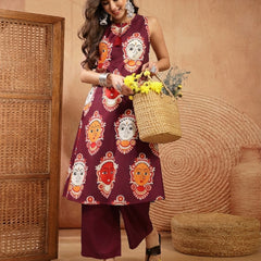 Stylum Women's Wine Kalamkari Face Printed Rayon A-Line Kurta Palazzo Set (KPWINERANCHI)