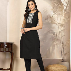 Stylum Women's Embroidered Cotton Blend Straight Kurta Pant Set (KPXBLACKKUSH)