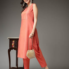 Stylum Women's Woven Designed Cotton Blend Straight Kurta Pant Set (KPXCORALJIVIKA)