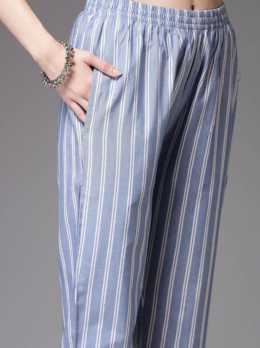 Blue Striped Cotton Blend Straight Kurta Pant Set