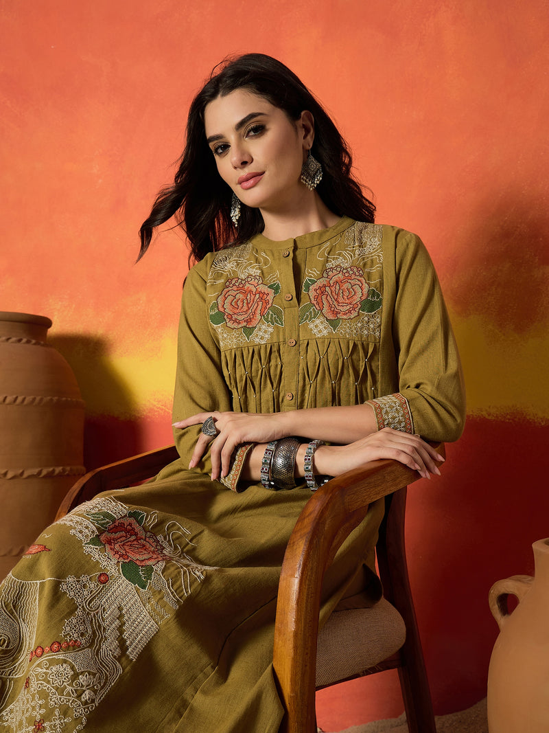 Stylum Women's Mustard Solid & Embroidered Cotton Flex A-Line Kurta Palazzo Set (KPYELLOWBUMTY)