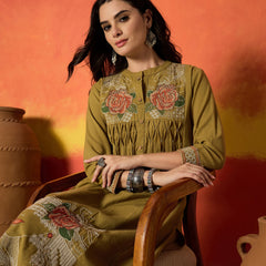 Stylum Women's Mustard Solid & Embroidered Cotton Flex A-Line Kurta Palazzo Set (KPYELLOWBUMTY)