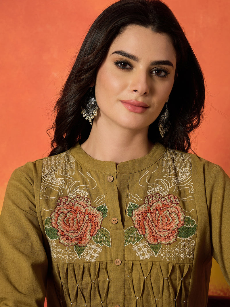 Stylum Women's Mustard Solid & Embroidered Cotton Flex A-Line Kurta Palazzo Set (KPYELLOWBUMTY)