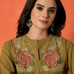 Stylum Women's Mustard Solid & Embroidered Cotton Flex A-Line Kurta Palazzo Set (KPYELLOWBUMTY)