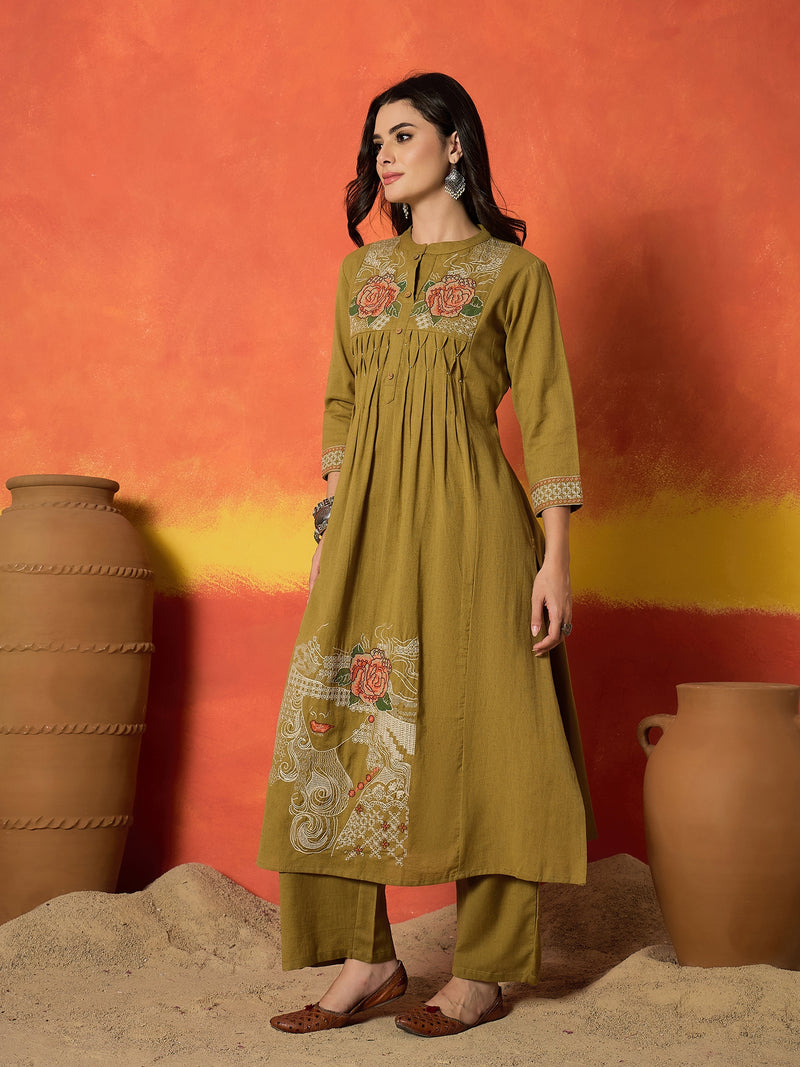Stylum Women's Mustard Solid & Embroidered Cotton Flex A-Line Kurta Palazzo Set (KPYELLOWBUMTY)
