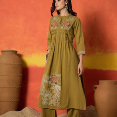 Stylum Women's Mustard Solid & Embroidered Cotton Flex A-Line Kurta Palazzo Set (KPYELLOWBUMTY)