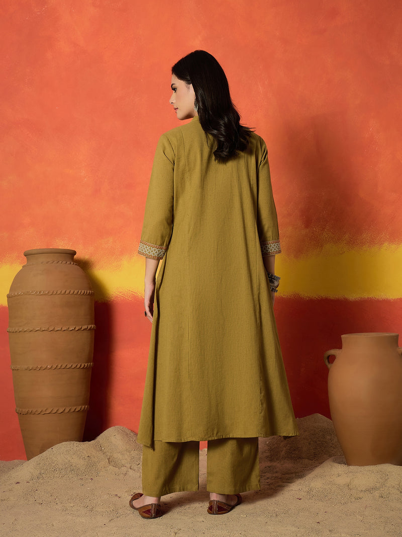 Stylum Women's Mustard Solid & Embroidered Cotton Flex A-Line Kurta Palazzo Set (KPYELLOWBUMTY)