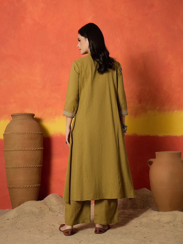 Stylum Women's Mustard Solid & Embroidered Cotton Flex A-Line Kurta Palazzo Set (KPYELLOWBUMTY)