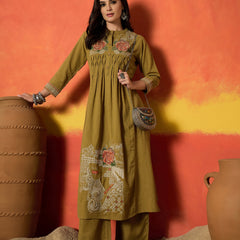 Stylum Women's Mustard Solid & Embroidered Cotton Flex A-Line Kurta Palazzo Set (KPYELLOWBUMTY)