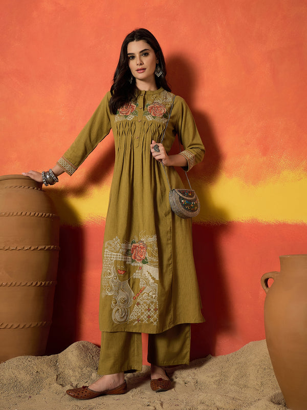 Stylum Women's Mustard Solid & Embroidered Cotton Flex A-Line Kurta Palazzo Set (KPYELLOWBUMTY)