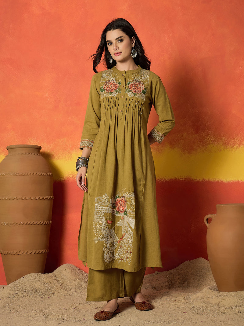Stylum Women's Mustard Solid & Embroidered Cotton Flex A-Line Kurta Palazzo Set (KPYELLOWBUMTY)
