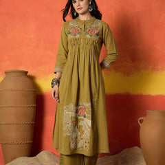 Stylum Women's Mustard Solid & Embroidered Cotton Flex A-Line Kurta Palazzo Set (KPYELLOWBUMTY)