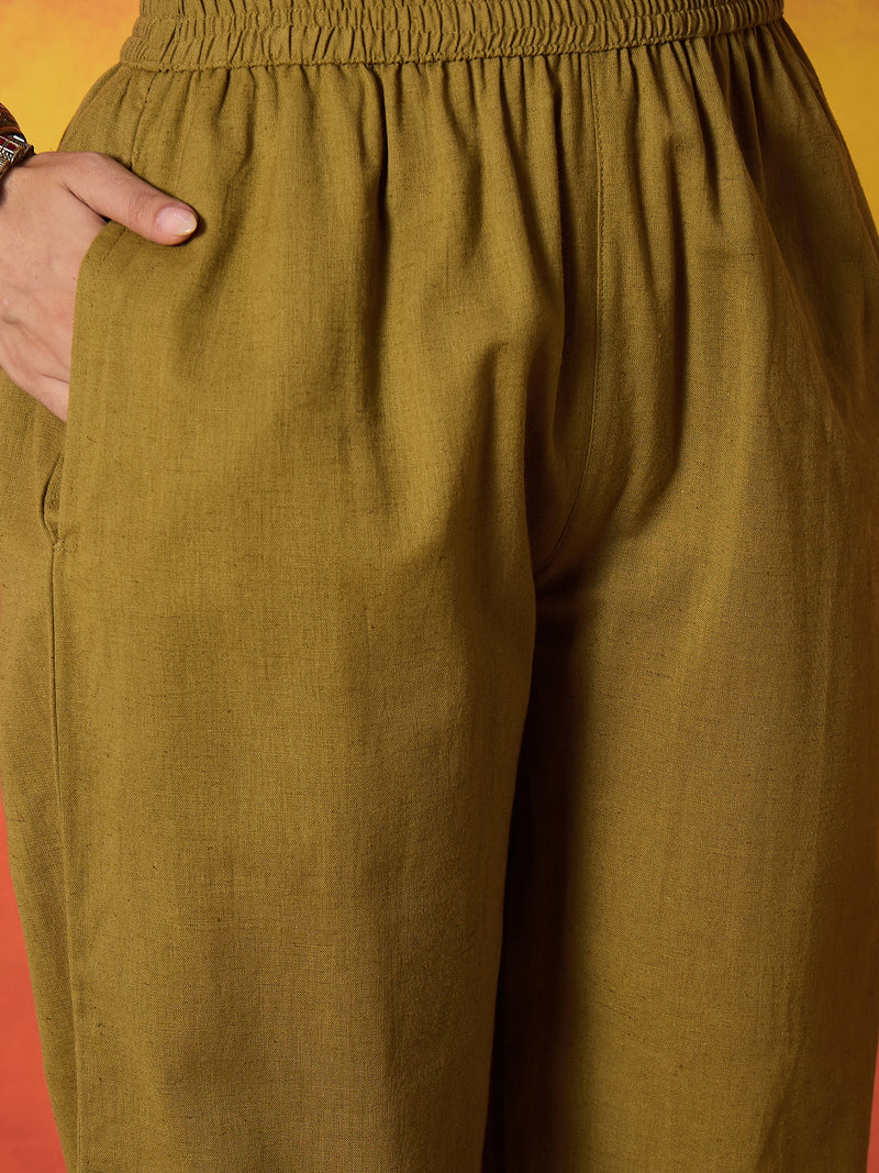 Stylum Women's Mustard Solid & Embroidered Cotton Flex A-Line Kurta Palazzo Set (KPYELLOWBUMTY)