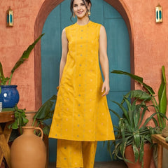 Stylum Women's Yellow Woven Design Kantha Cotton A-Line Kurta Palazzo Set (KPYELLOWLOKHA)