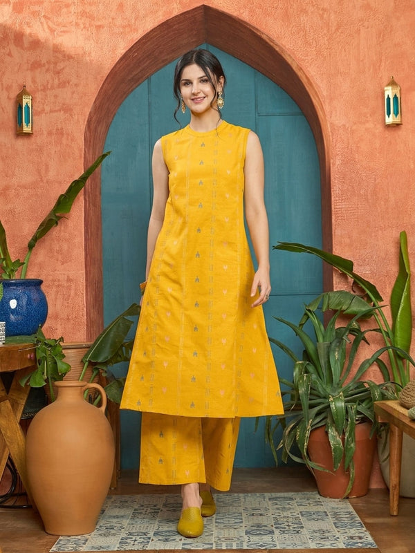 Stylum Women's Yellow Woven Design Kantha Cotton A-Line Kurta Palazzo Set (KPYELLOWLOKHA)