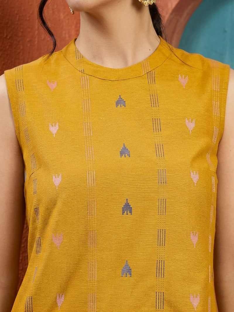 Stylum Women's Yellow Woven Design Kantha Cotton A-Line Kurta Palazzo Set (KPYELLOWLOKHA)