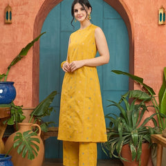 Stylum Women's Yellow Woven Design Kantha Cotton A-Line Kurta Palazzo Set (KPYELLOWLOKHA)