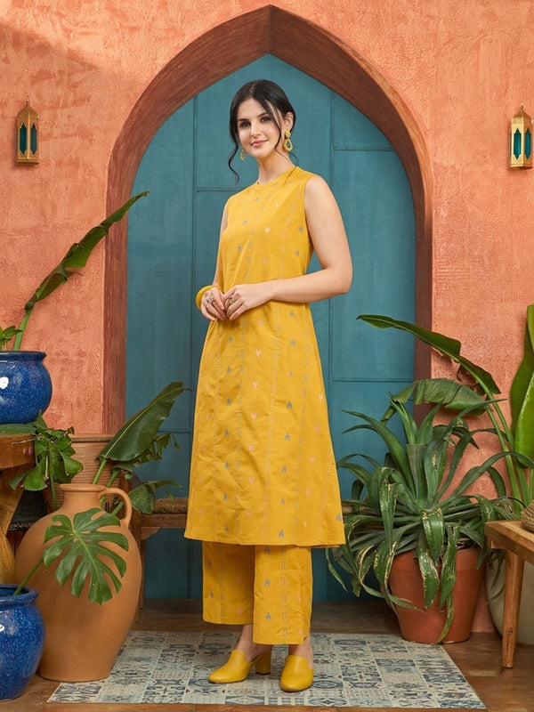 Stylum Women's Yellow Woven Design Kantha Cotton A-Line Kurta Palazzo Set (KPYELLOWLOKHA)