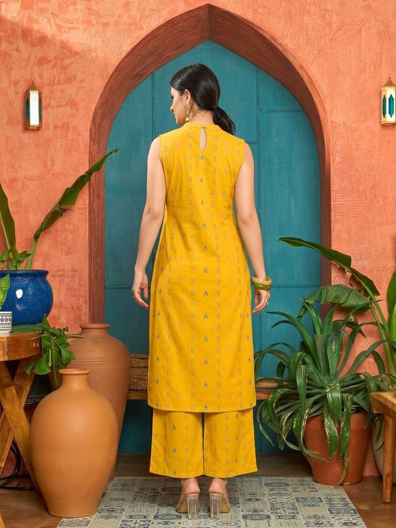 Stylum Women's Yellow Woven Design Kantha Cotton A-Line Kurta Palazzo Set (KPYELLOWLOKHA)