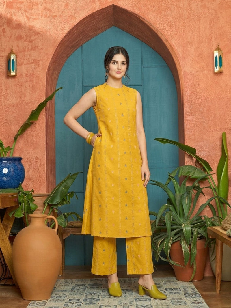 Stylum Women's Yellow Woven Design Kantha Cotton A-Line Kurta Palazzo Set (KPYELLOWLOKHA)