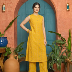 Stylum Women's Yellow Woven Design Kantha Cotton A-Line Kurta Palazzo Set (KPYELLOWLOKHA)