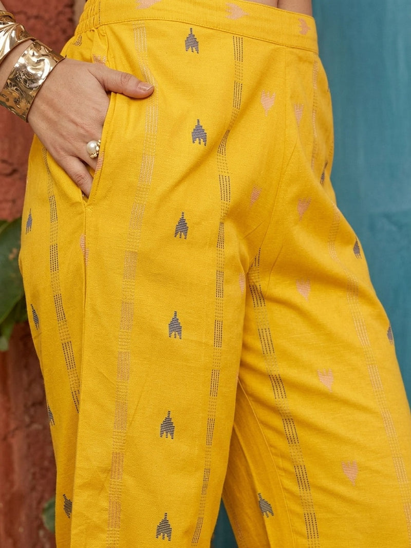 Stylum Women's Yellow Woven Design Kantha Cotton A-Line Kurta Palazzo Set (KPYELLOWLOKHA)