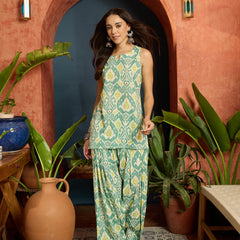 Stylum Women's Aqua Ikat Printed Pure Cotton Straight Kurti With Farshi Salwar Set (KSAQUABUNKER)