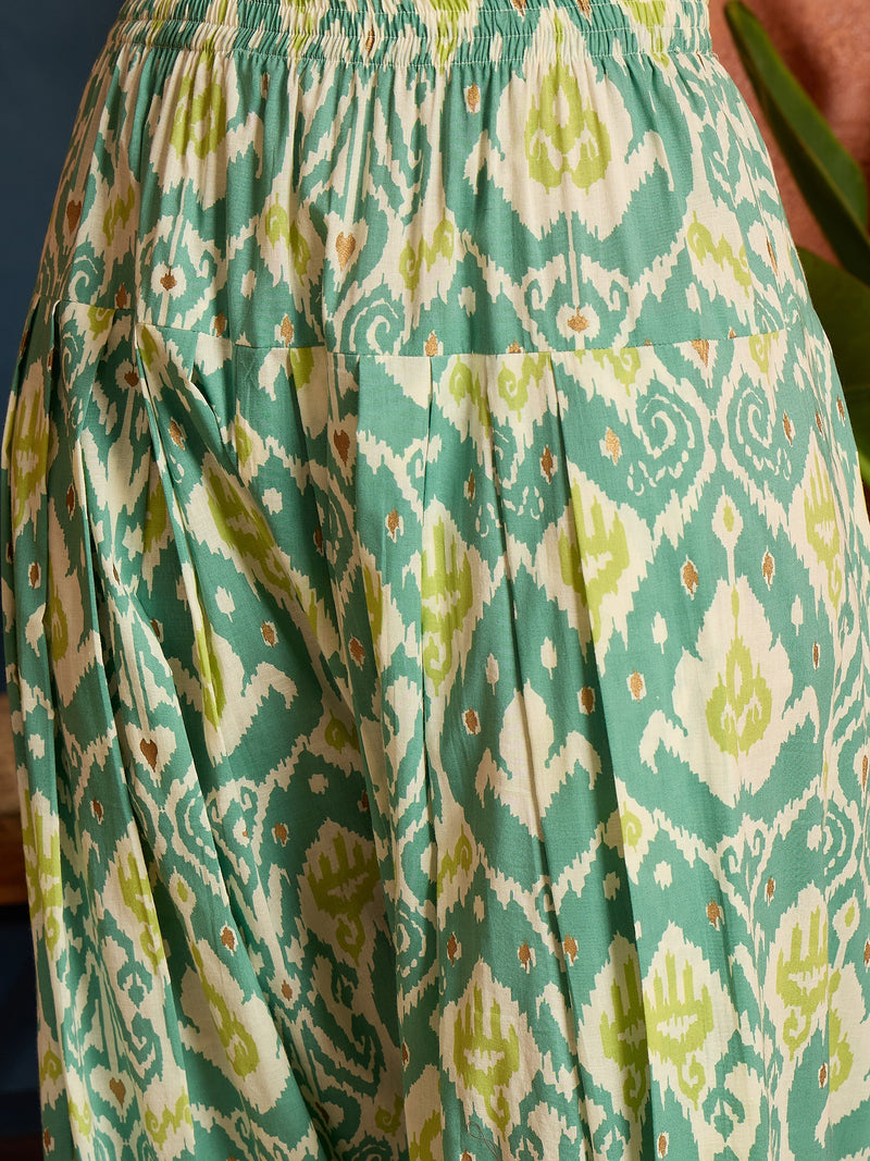 Stylum Women's Aqua Ikat Printed Pure Cotton Straight Kurti With Farshi Salwar Set (KSAQUABUNKER)