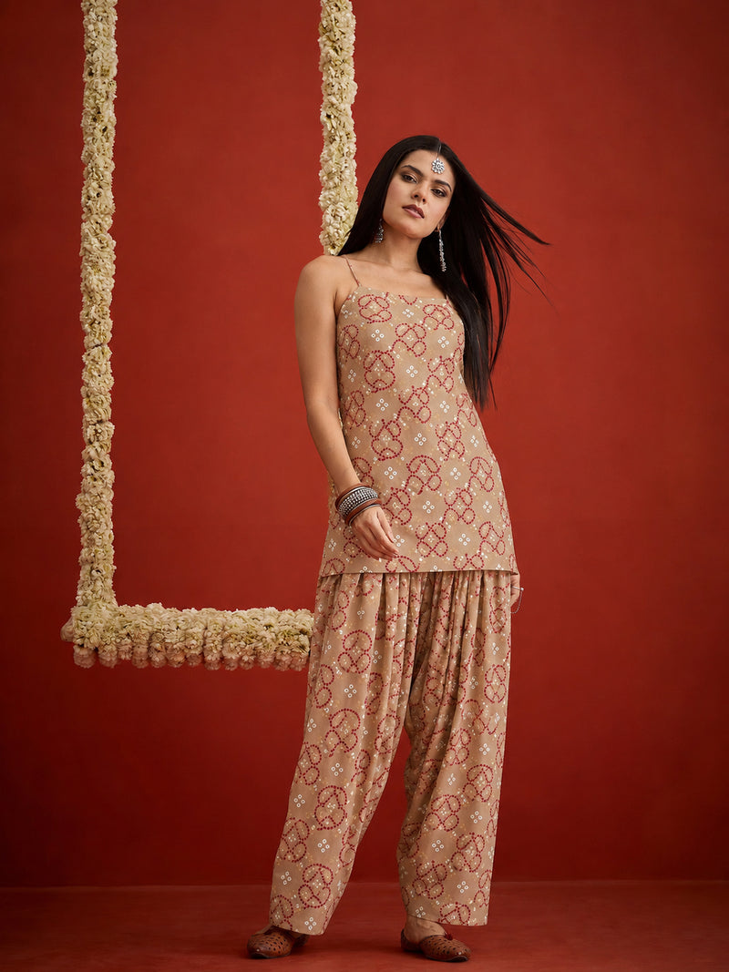 Stylum Women's Beige Bandhej Printed Reyon Straight Short Kurti With Farshi Salwar (KSBEIGEKABIRA)