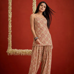 Stylum Women's Beige Bandhej Printed Reyon Straight Short Kurti With Farshi Salwar (KSBEIGEKABIRA)