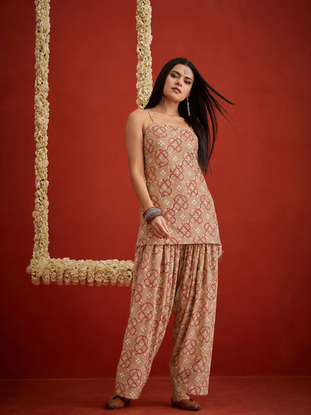 Stylum Women's Beige Bandhej Printed Reyon Straight Short Kurti With Farshi Salwar (KSBEIGEKABIRA)