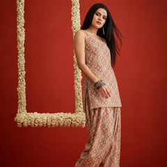Stylum Women's Beige Bandhej Printed Reyon Straight Short Kurti With Farshi Salwar (KSBEIGEKABIRA)