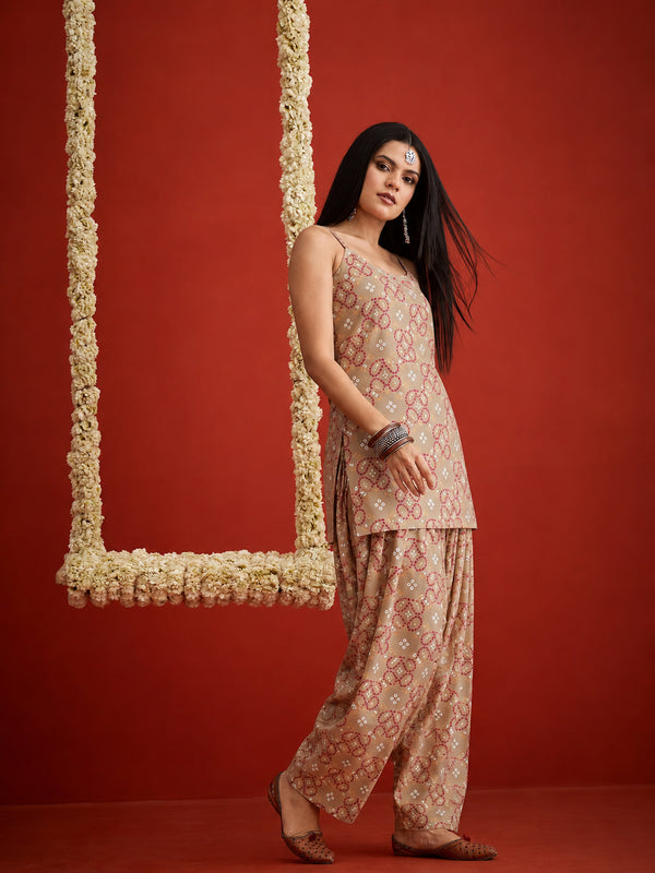 Stylum Women's Beige Bandhej Printed Reyon Straight Short Kurti With Farshi Salwar (KSBEIGEKABIRA)