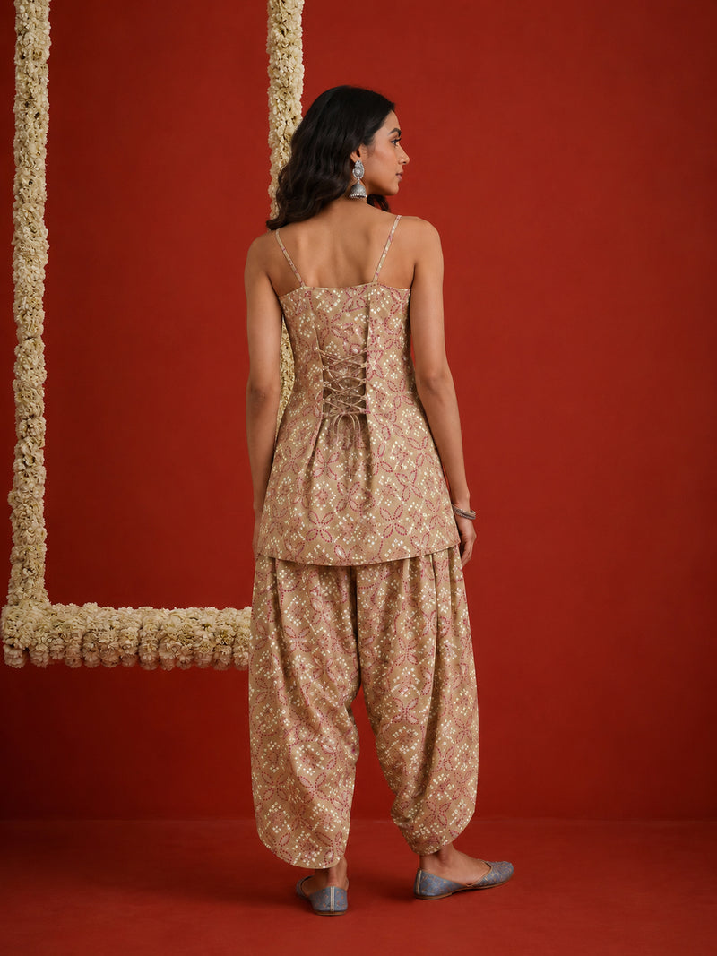 Stylum Women's Beige Bandhej Printed Reyon Straight Short Kurti With Farshi Salwar (KSBEIGEKABIRA)