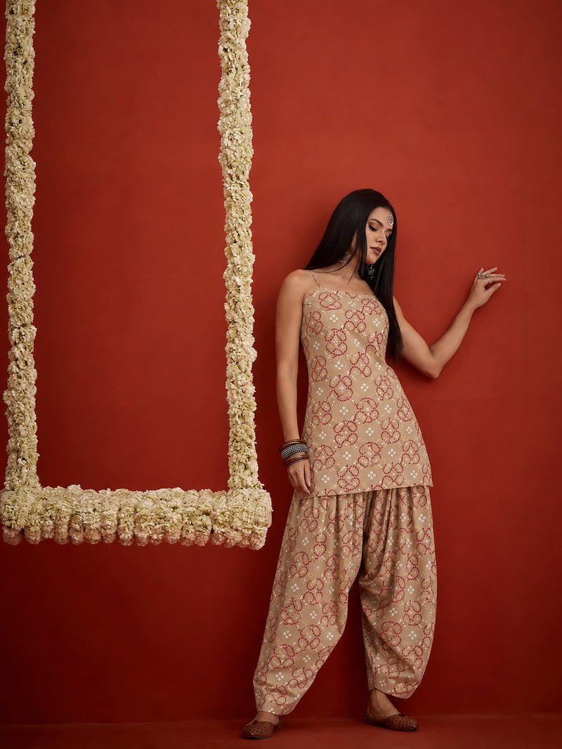 Stylum Women's Beige Bandhej Printed Reyon Straight Short Kurti With Farshi Salwar (KSBEIGEKABIRA)