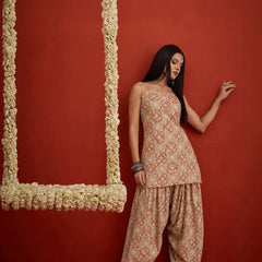 Stylum Women's Beige Bandhej Printed Reyon Straight Short Kurti With Farshi Salwar (KSBEIGEKABIRA)
