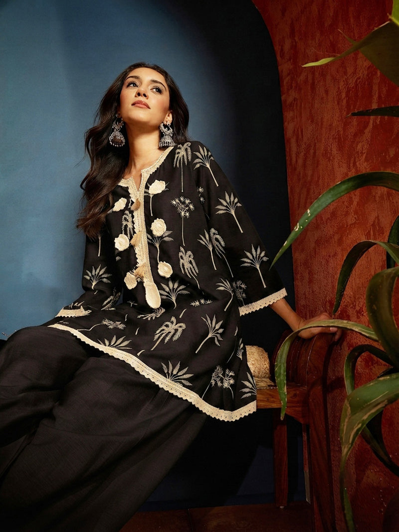 Stylum Women's Black Palm Tree Printed Pure Cotton A-Line Short Kurti With Farshi Salwar Set (KSBLACKSAZRIKA)